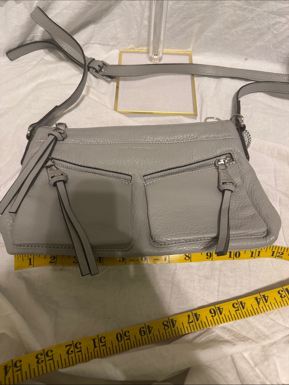 Aimee Kestenberg Light Gray Pebbled Leather Crossbody with Front Zip Pockets